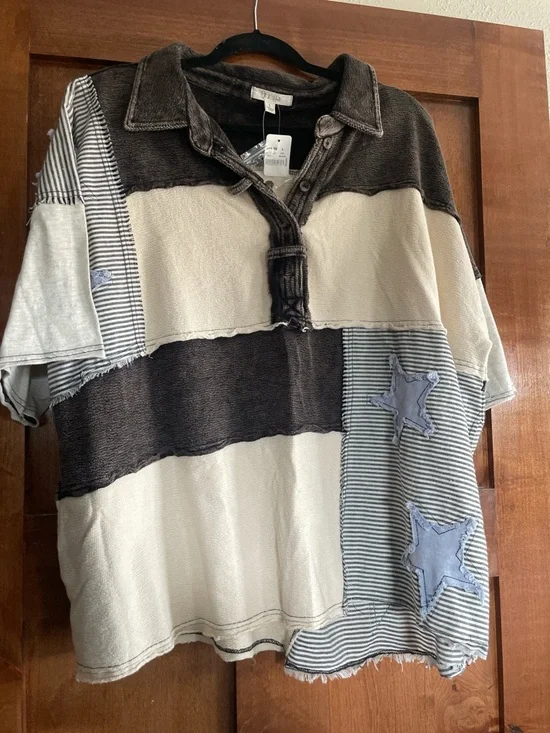 Oli & Hali Beige, Patchwork Polo with Star Appliqués - Picture 1 of 5